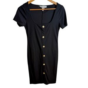 Bonded Womens Ribbed Button Front Mini Dress M Black Casual Bodycon LBD